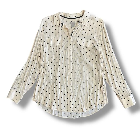 Chico’s Cream & Black Polka Dot Button Down Blouse Size 2 (L/XL) Long Sleeve Top - Picture 1 of 8